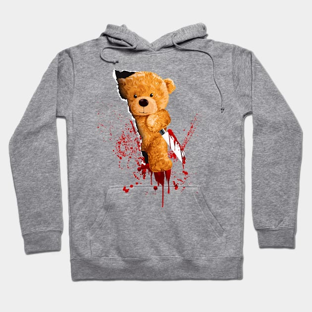 Horror Teddy Bear Cuts Through Shirt With Knife Hoodie by Foxxy Merch